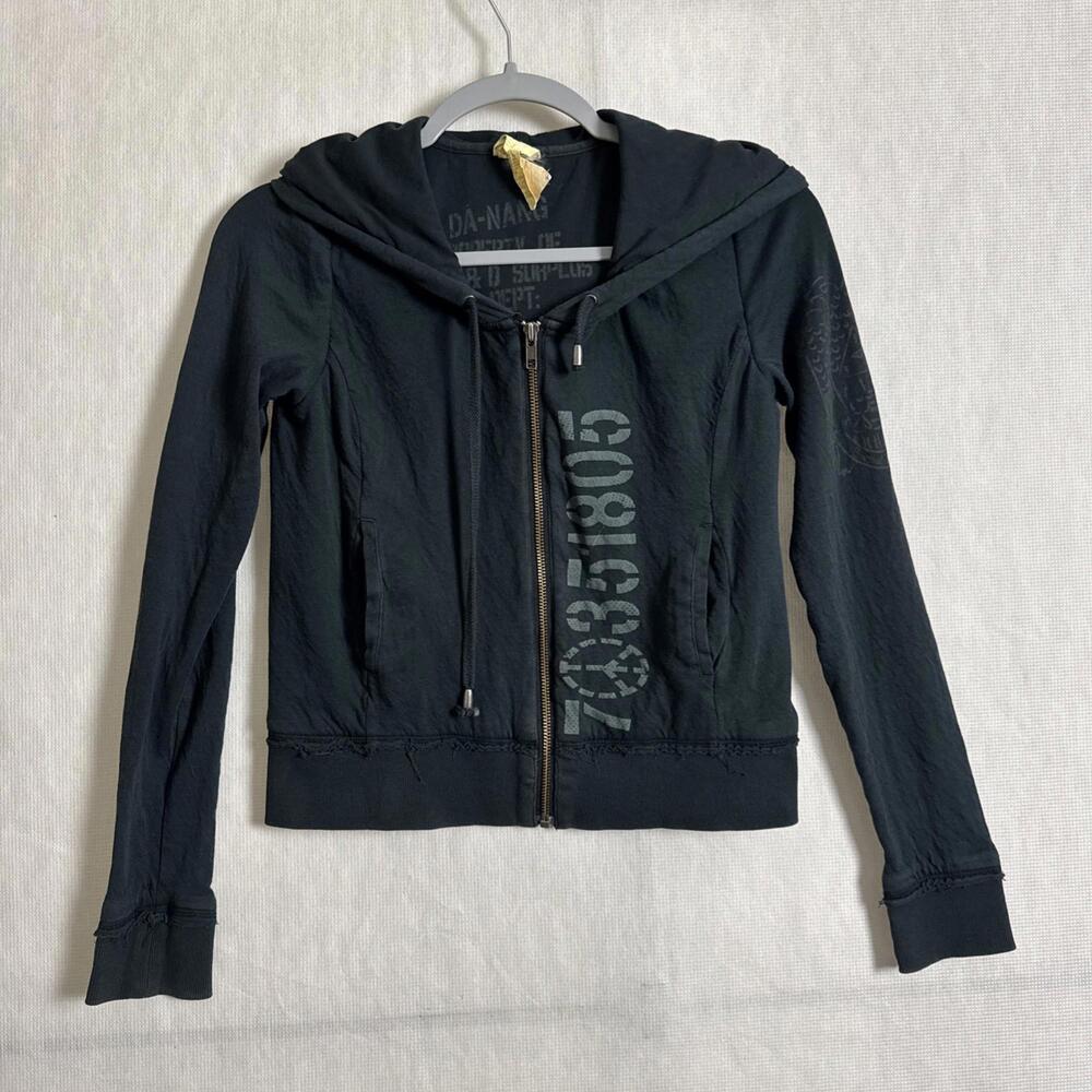 Da-Nang Women's Small Black Cotton Full Zip Hooded Slim Slightly Cropped Jacket